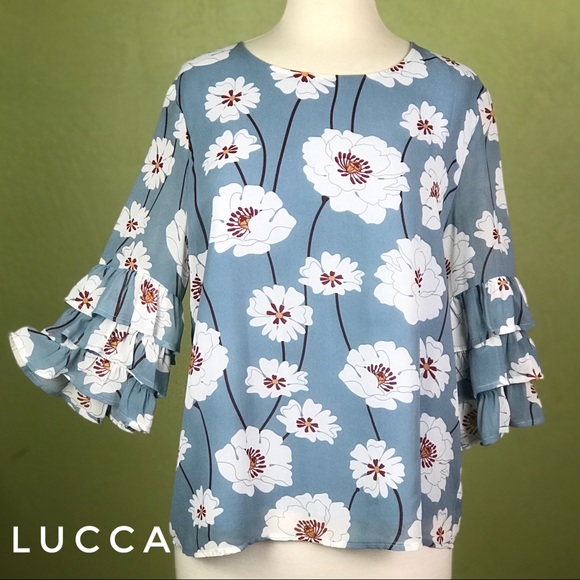 Lucca Couture Tops - LUCCA Dusty Blue Blouse with Tiered Ruffle Sleeves